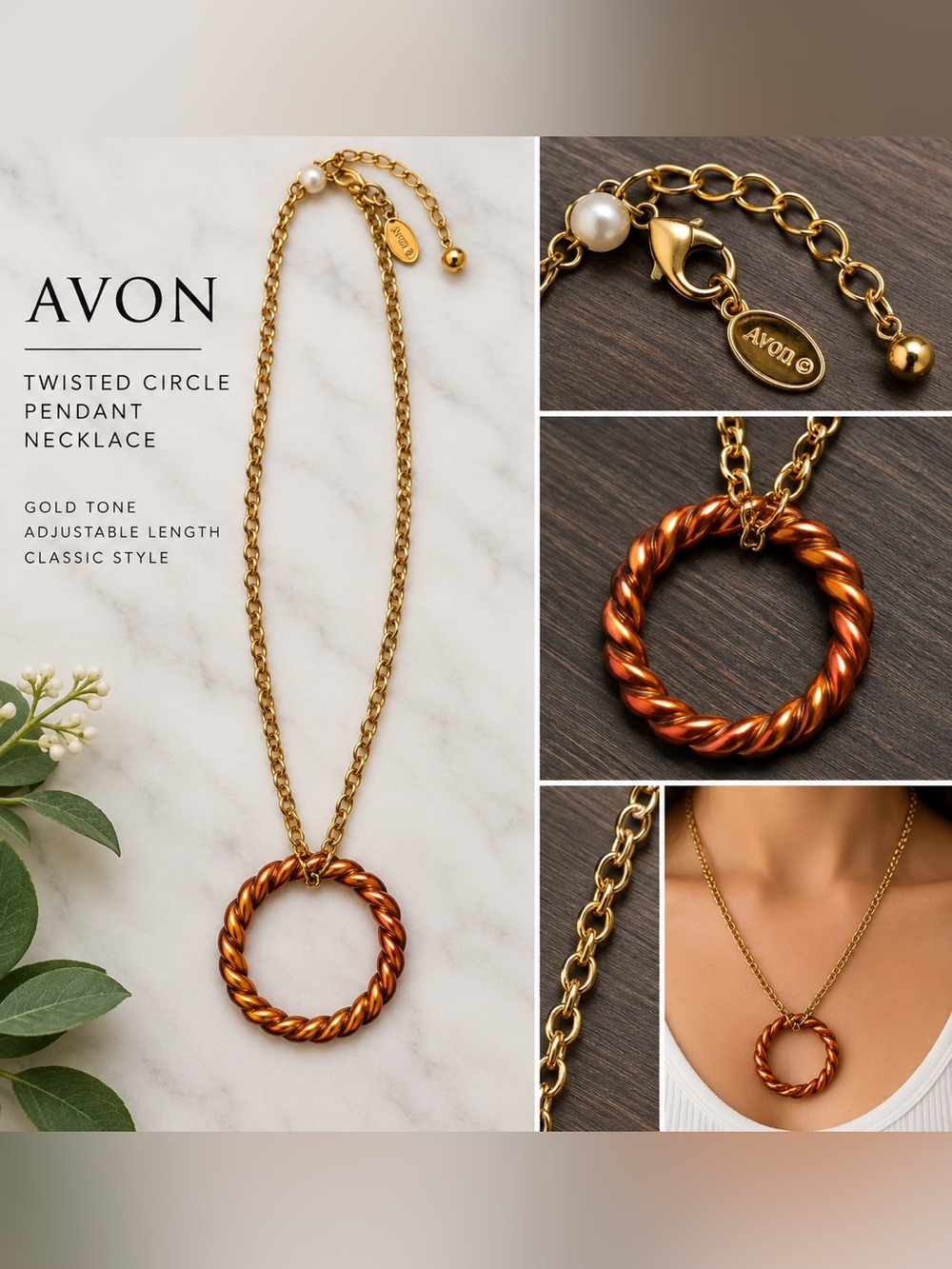Avon Gold Chain Necklace with Copper-Tone Twisted Circle Pendant